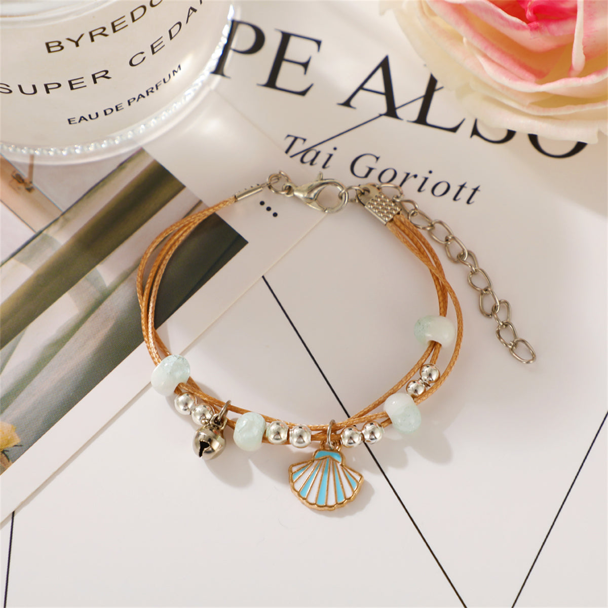 Light Blue Enamel and Two-Tone Shell Layered Charm Bracelet, bracelet for women, dainty minimalist design, side view