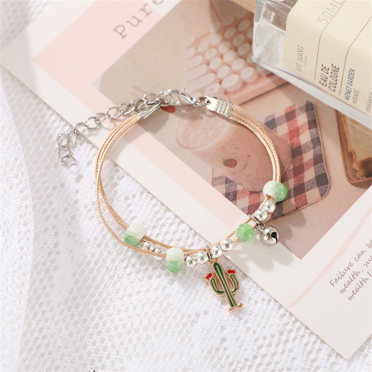 Green Enamel and Two-Tone Cactus Layered Charm Bracelet, bracelet for women, vintage-inspired design, detail close-up