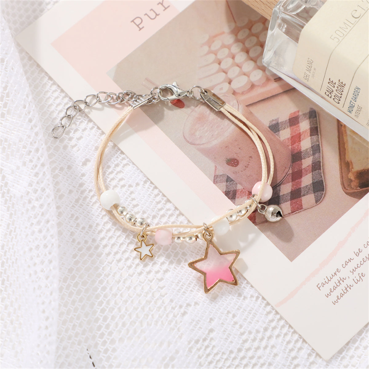Pink Enamel and Two-Tone Star Layered Charm Bracelet, bracelet for women, dainty minimalist design, front view