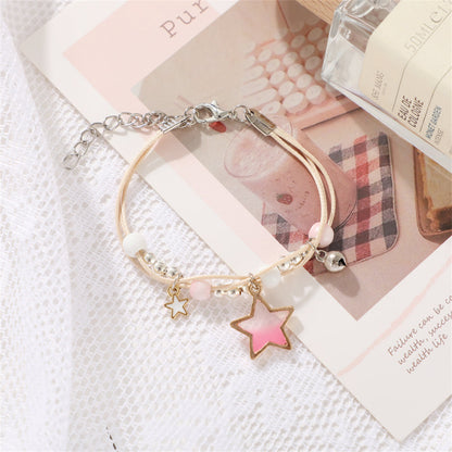 Pink Enamel and Two-Tone Star Layered Charm Bracelet, bracelet for women, dainty minimalist design, front view