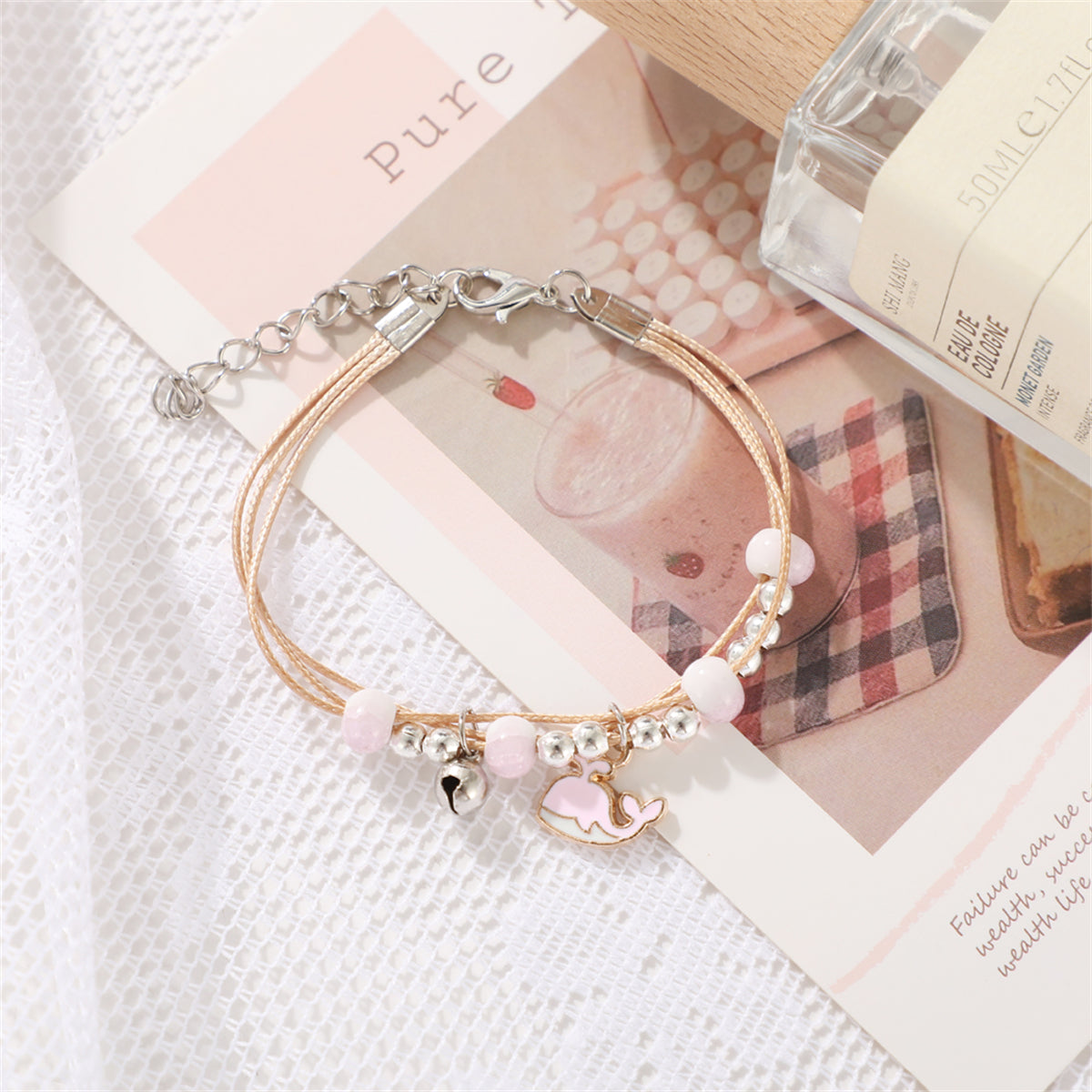 Pink Enamel and Two-Tone Whale Layered Charm Bracelet, bracelet for women, elegant gift for her, detail close-up