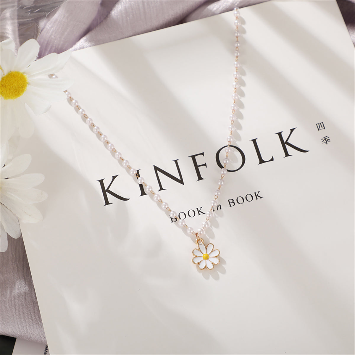 Pearl and 18K Gold-Plated Station Daisy Pendant Necklace, gold pendant necklace for women, lifestyle look