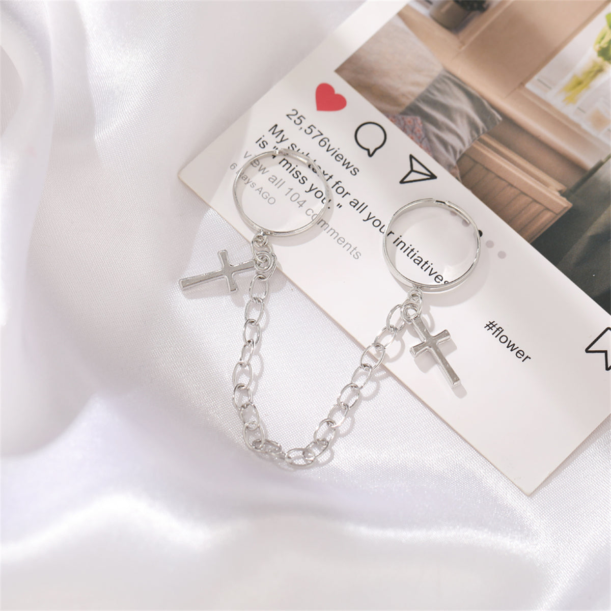 Silver-Plated Double-Finger Cross Ring, silver statement rings for women, vintage-inspired design, styled look