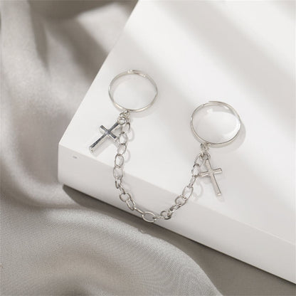 Silver-Plated Double-Finger Cross Ring, silver statement rings for women, vintage-inspired design, front view