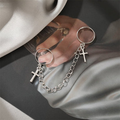 Silver-Plated Double-Finger Cross Ring, silver statement rings for women, vintage-inspired design, side view