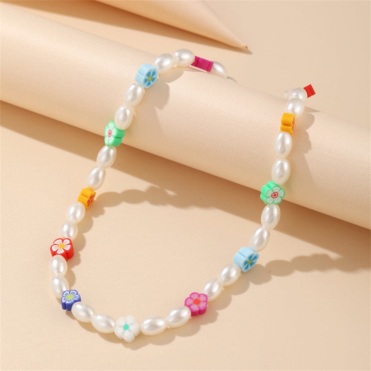 Blue and Pink Polymer Clay Floral Beaded Station Necklace, pendant necklace for women, everyday style, detail close-up