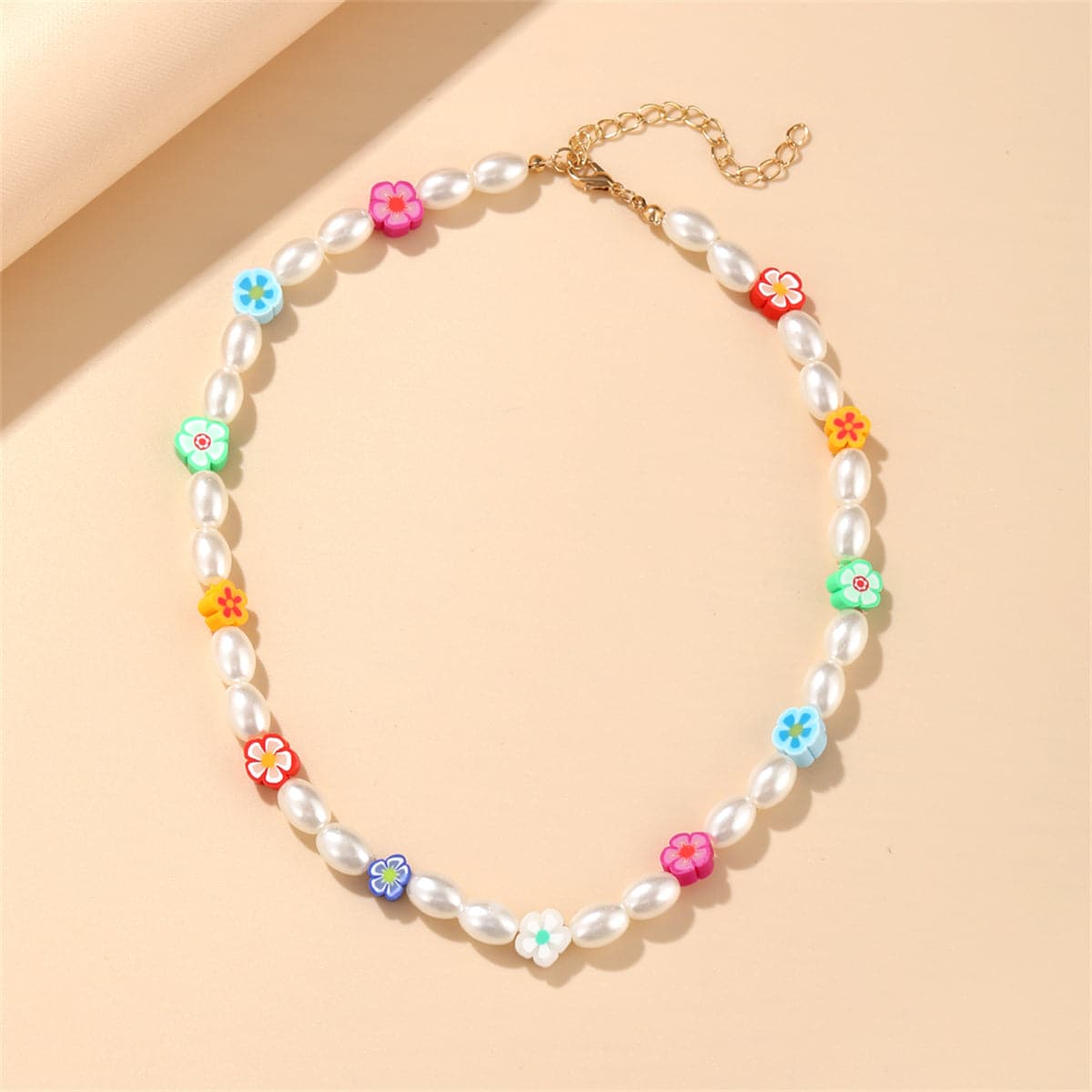 Blue and Pink Polymer Clay Floral Beaded Station Necklace, pendant necklace for women, everyday style, lifestyle look