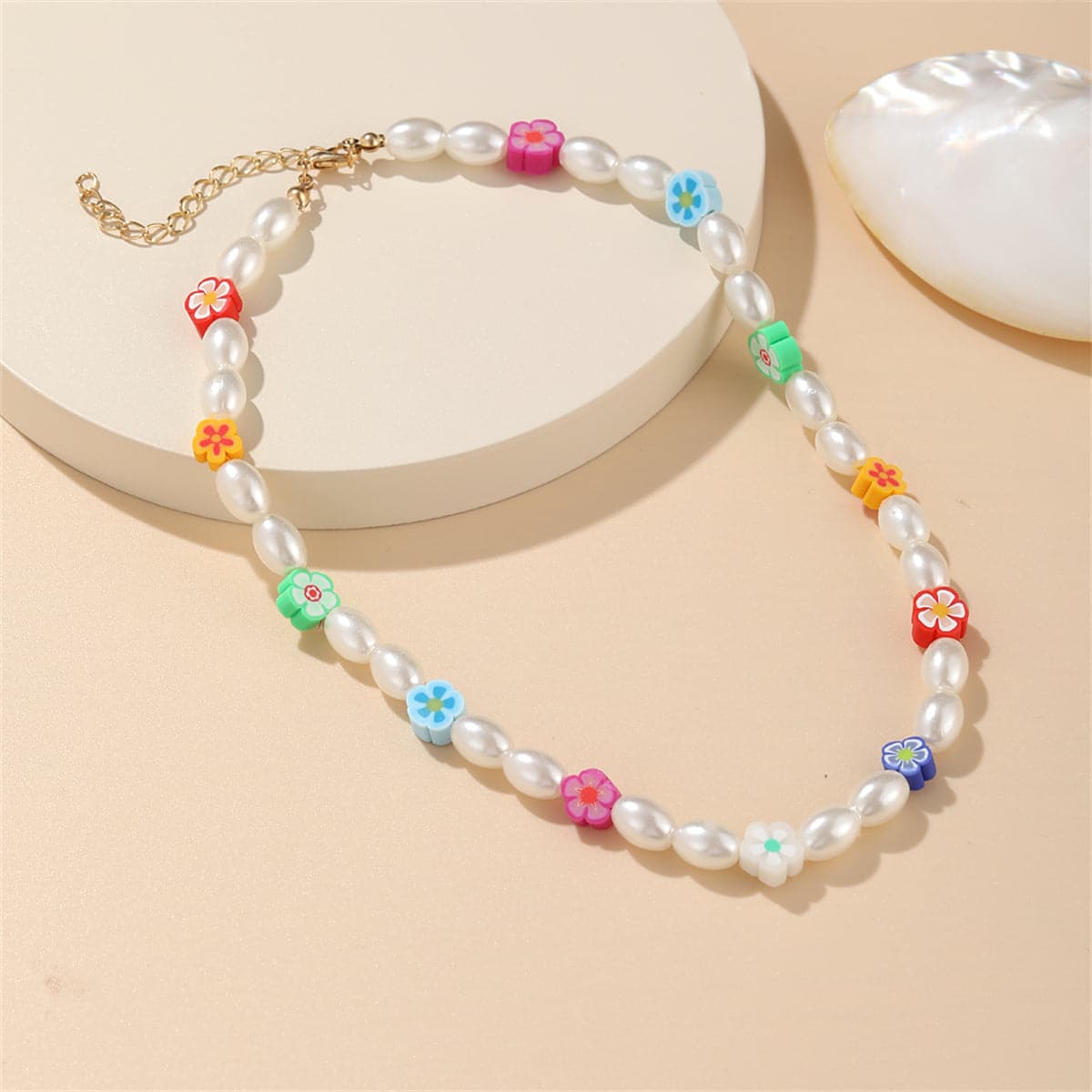 Blue and Pink Polymer Clay Floral Beaded Station Necklace, pendant necklace for women, everyday style, styled look