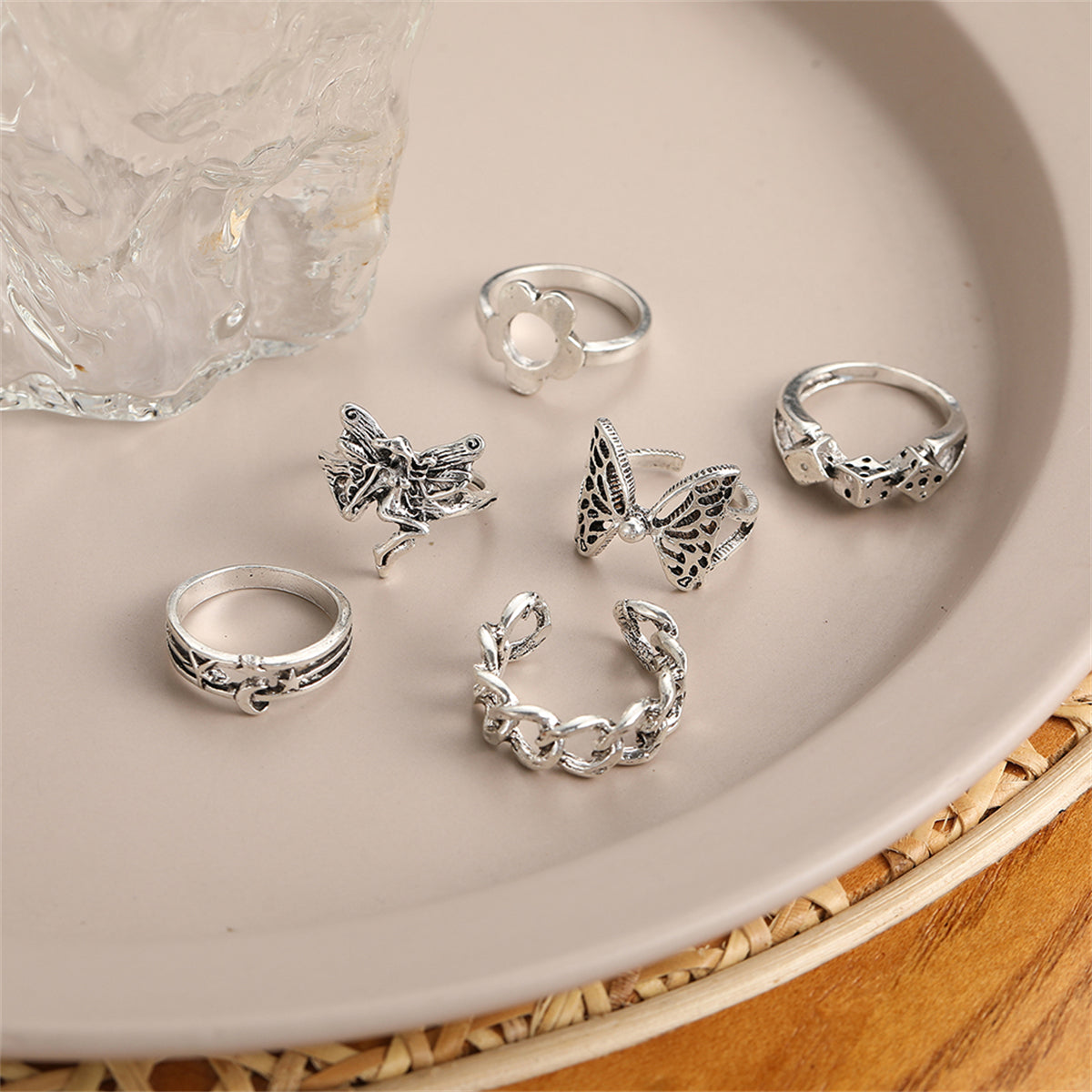 Silver-Plated Butterfly and Fairy Ring Set, jewelry gift sets for women, dainty minimalist design, side view