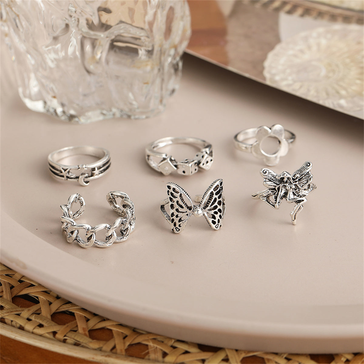 Silver-Plated Butterfly and Fairy Ring Set, jewelry gift sets for women, dainty minimalist design, detail close-up