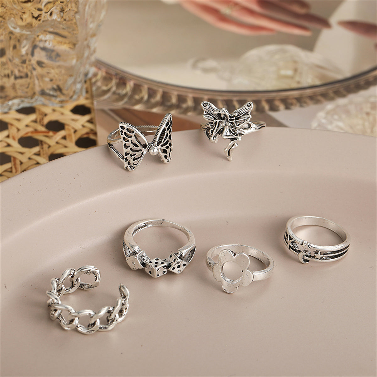 Silver-Plated Butterfly and Fairy Ring Set, jewelry gift sets for women, dainty minimalist design, lifestyle look