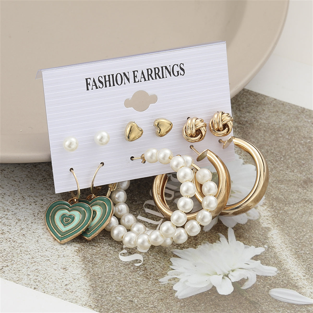 Pearl and Enamel 18K Gold-Plated Heart Drop Earring Set, gold huggie earrings, elegant gift for her, detail close-up