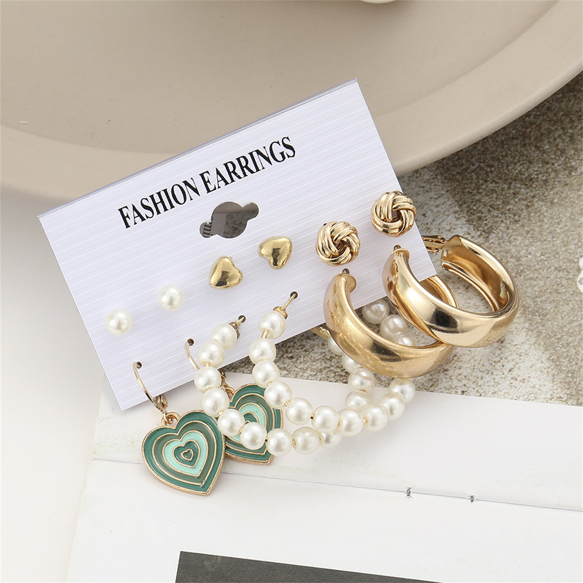 Pearl & Enamel 18K Gold-Plated Heart Drop Earring Set