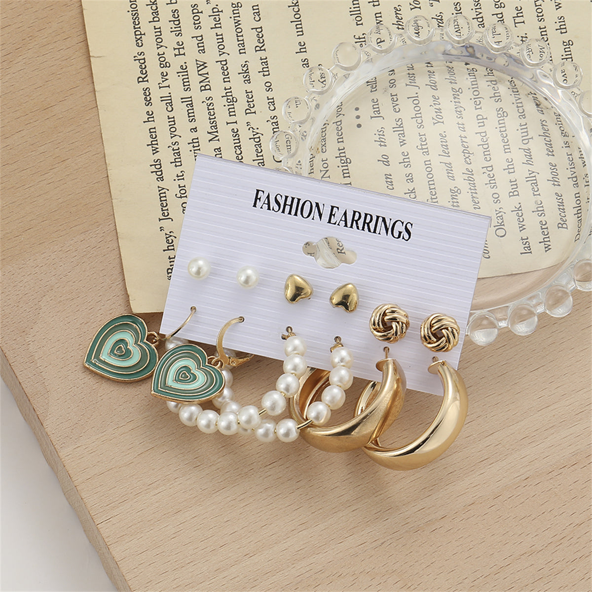 Pearl & Enamel 18K Gold-Plated Heart Drop Earring Set