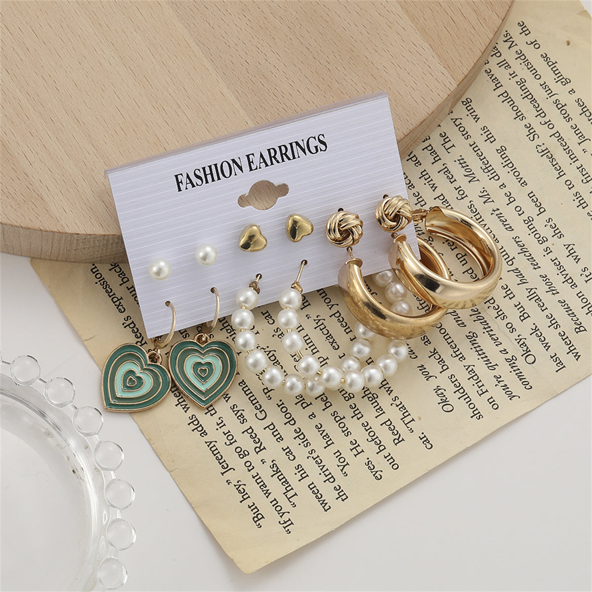 Pearl & Enamel 18K Gold-Plated Heart Drop Earring Set