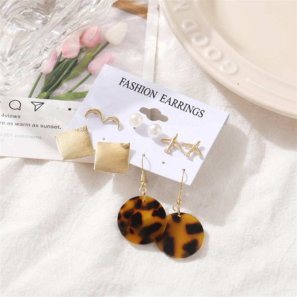 Pearl and Acrylic 18K Gold-Plated Tortoiseshell Drop Earrings Set, gold stud earrings for women, side view