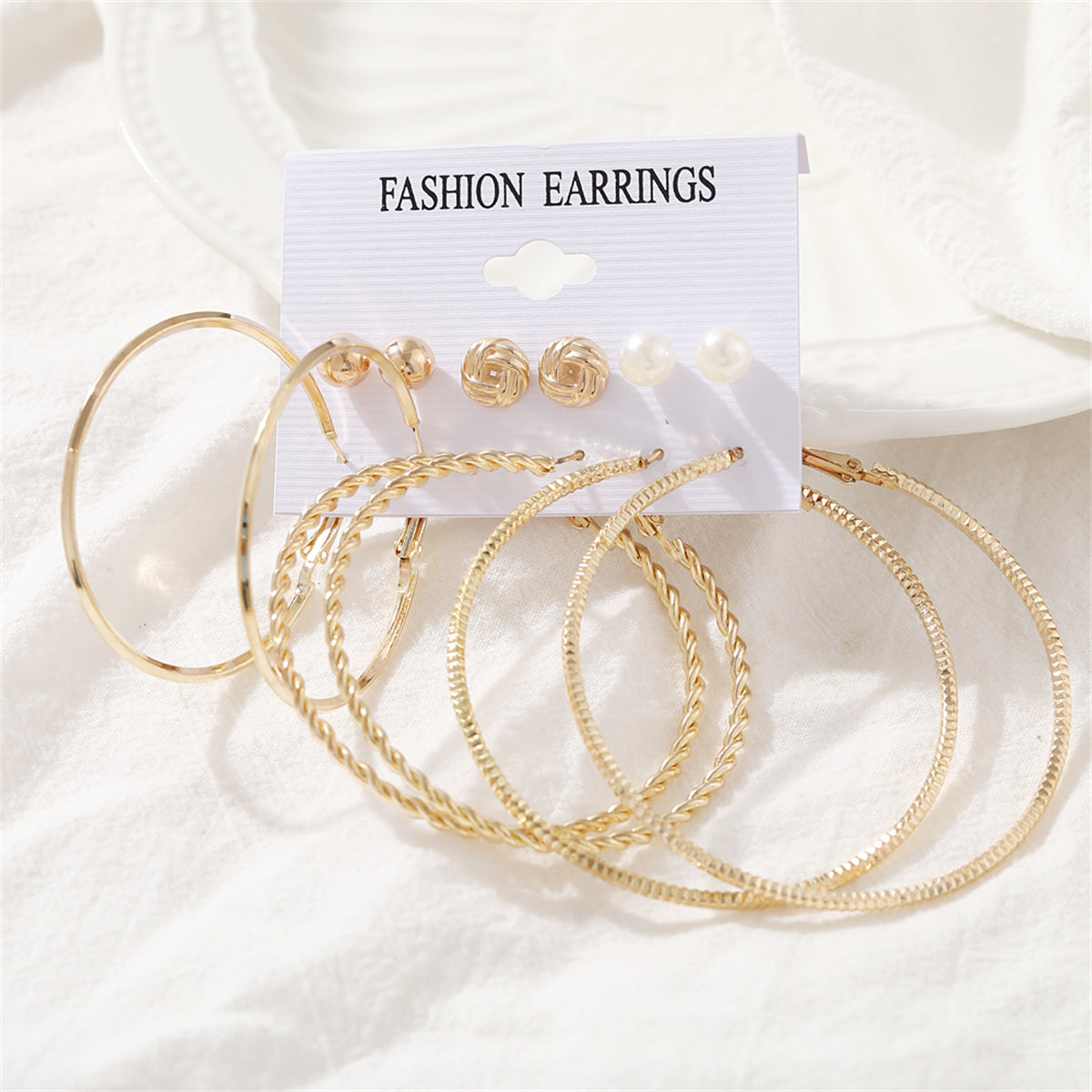 Pearl and 18K Gold-Plated Twist Earrings Set, gold stud earrings for women, botanical inspired, front view
