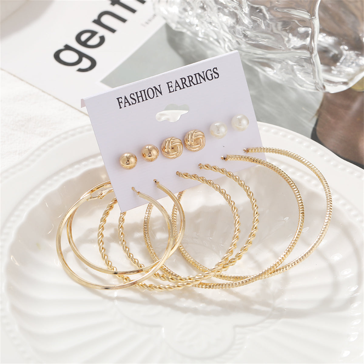 Pearl and 18K Gold-Plated Twist Earrings Set, gold stud earrings for women, botanical inspired, side view