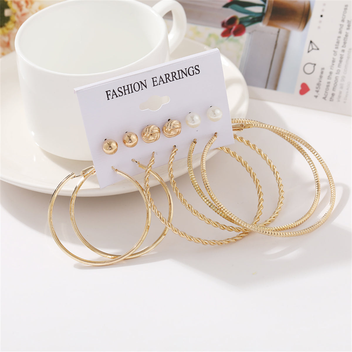 Pearl and 18K Gold-Plated Twist Earrings Set, gold stud earrings for women, botanical inspired, lifestyle look