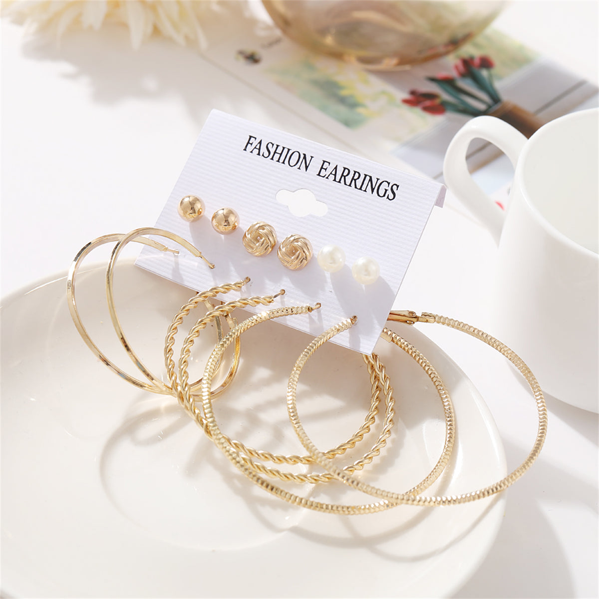 Pearl and 18K Gold-Plated Twist Earrings Set, gold stud earrings for women, botanical inspired, styled look