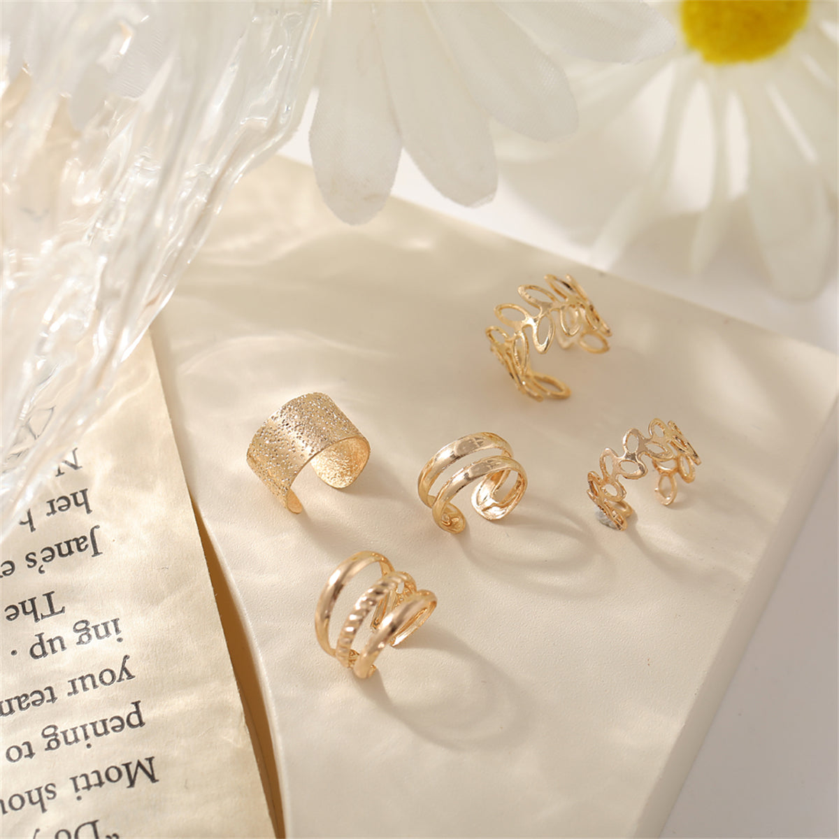 18K Gold-Plated Frosted Ear Cuff Set, gold stud earrings for women, everyday style, detail close-up