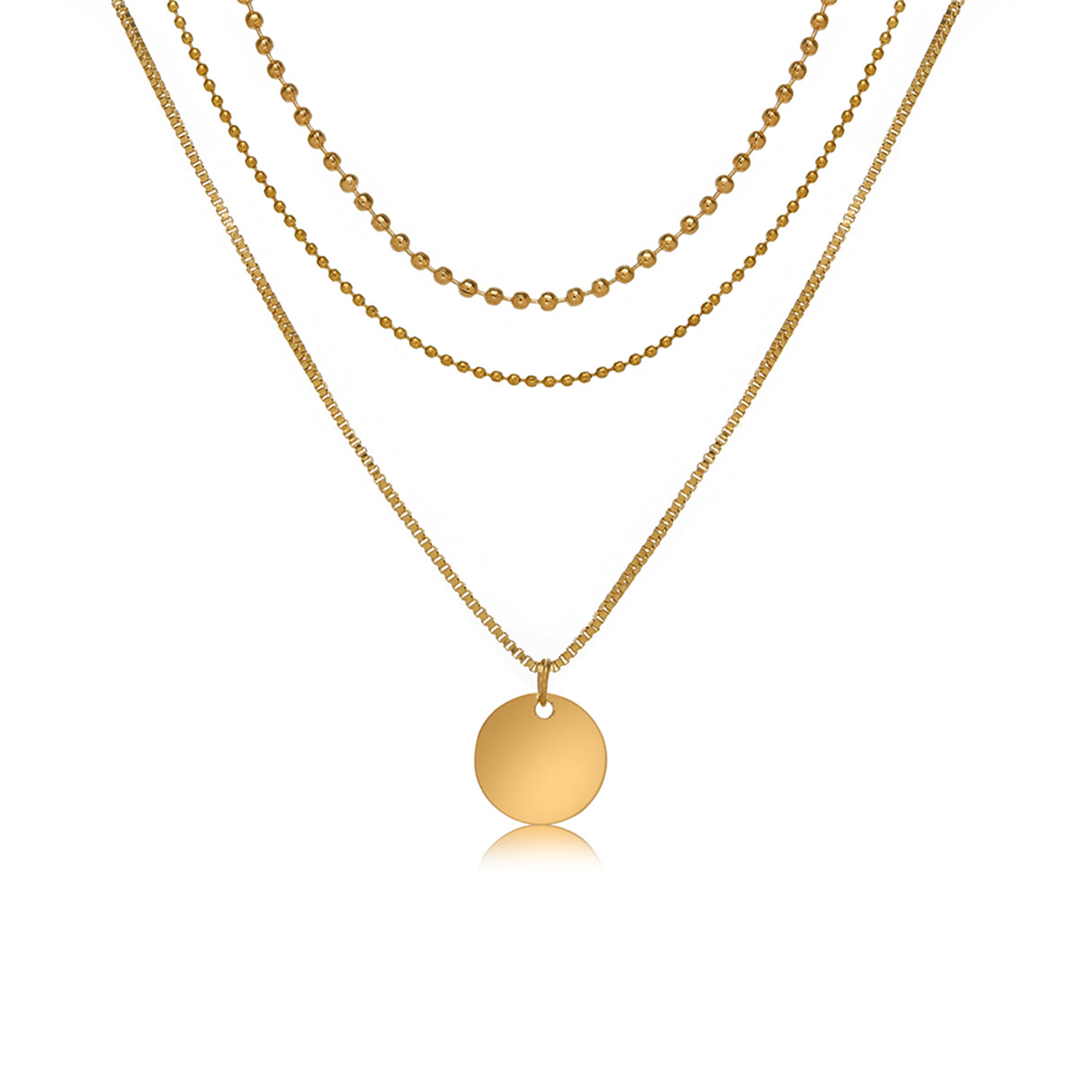 Stunning 18K gold-plated three-layer necklace with a disc pendant and two stylish chains, perfect for any outfit.