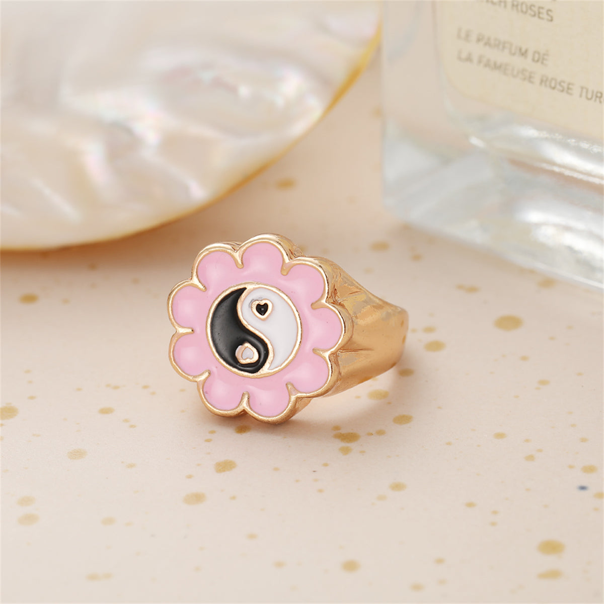 Black Enamel and 18K Gold-Plated Yin Yang Flower Ring, gold statement rings for women, everyday style, side view