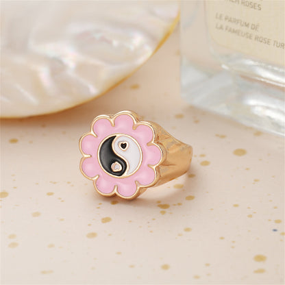 Black Enamel and 18K Gold-Plated Yin Yang Flower Ring, gold statement rings for women, everyday style, side view