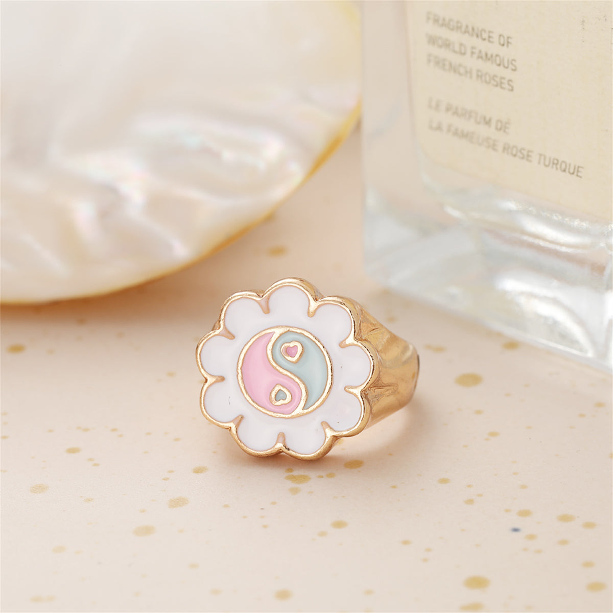 White Enamel and 18K Gold-Plated Yin Yang Flower Ring, gold statement rings for women, botanical inspired, front view