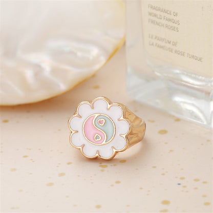 White Enamel and 18K Gold-Plated Yin Yang Flower Ring, gold statement rings for women, botanical inspired, front view
