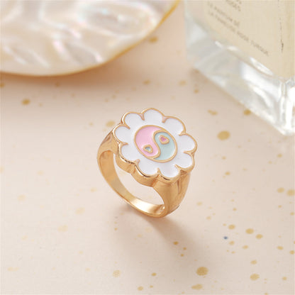 White Enamel and 18K Gold-Plated Yin Yang Flower Ring, gold statement rings for women, botanical inspired, side view