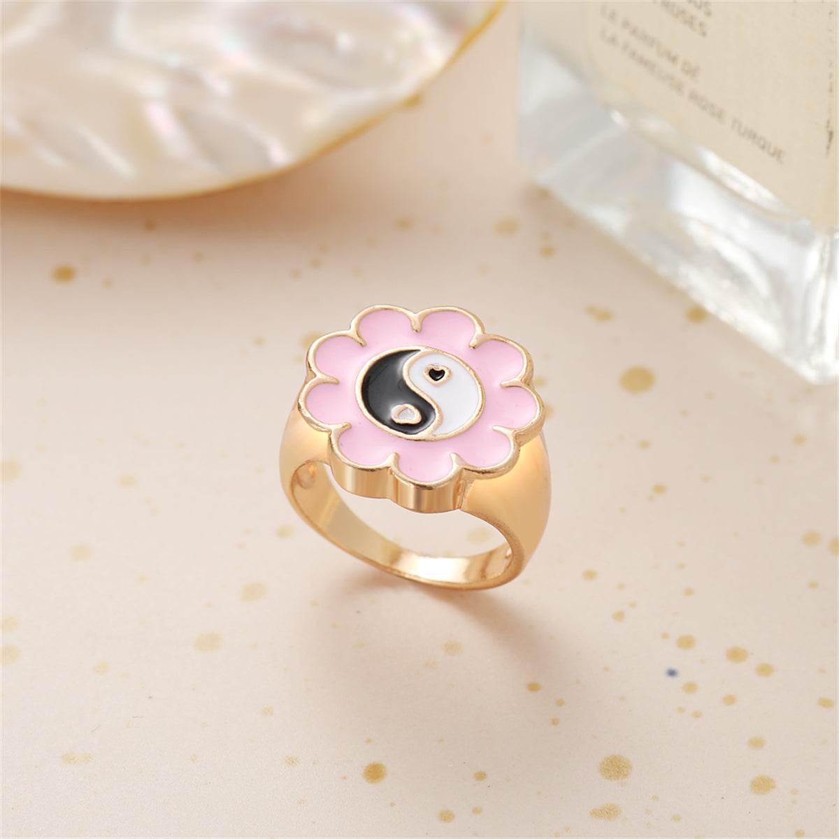 Black Enamel and 18K Gold-Plated Yin Yang Flower Ring, gold statement rings for women, everyday style, detail close-up
