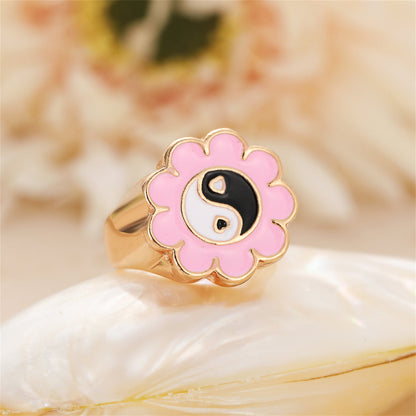 Black Enamel and 18K Gold-Plated Yin Yang Flower Ring, gold statement rings for women, everyday style, lifestyle look