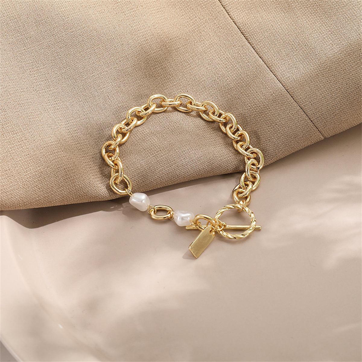 Pearl & 18K Gold-Plated Curb-Chain Toggle Bracelet