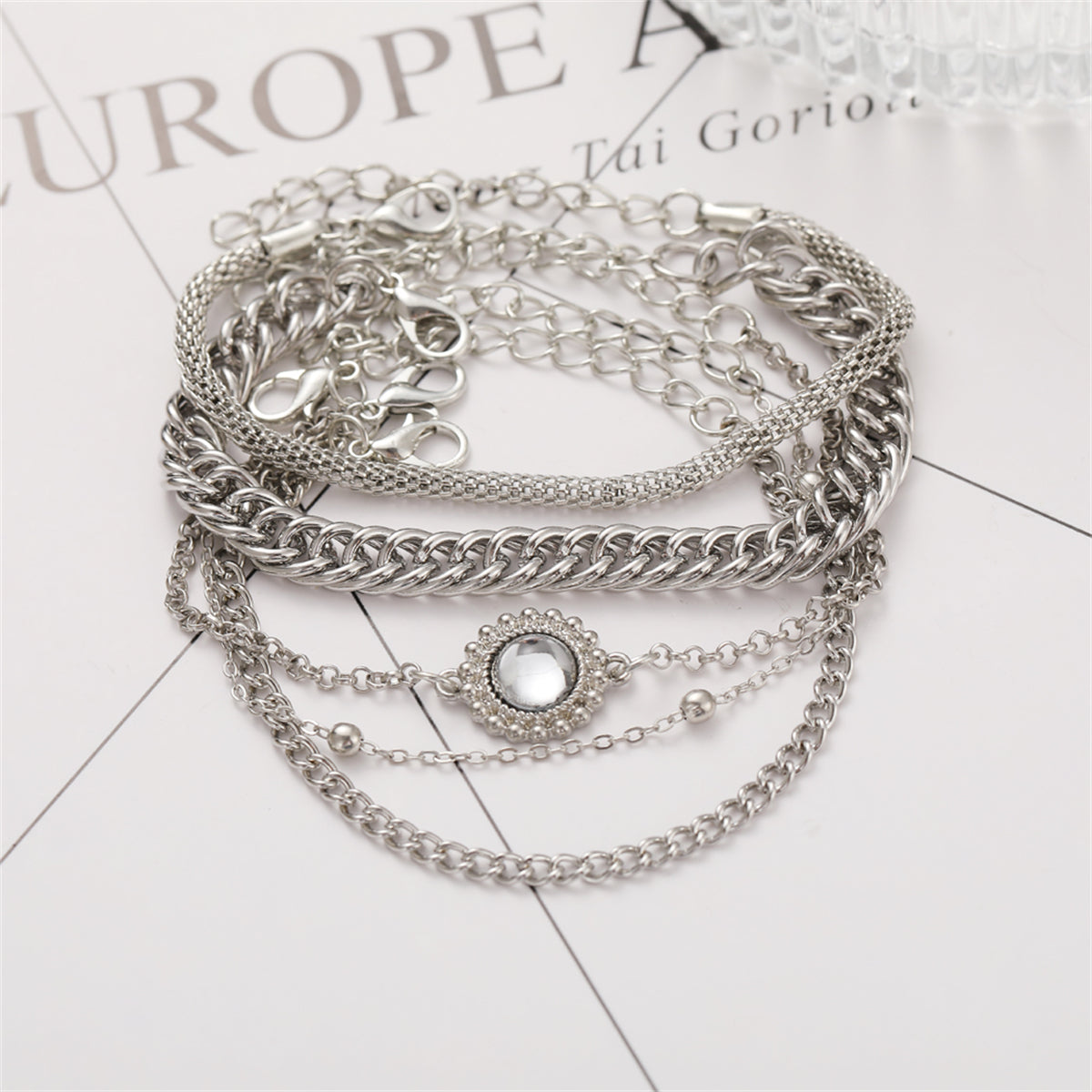 Crystal & Silver-Plated Flower Charm Bracelet Set