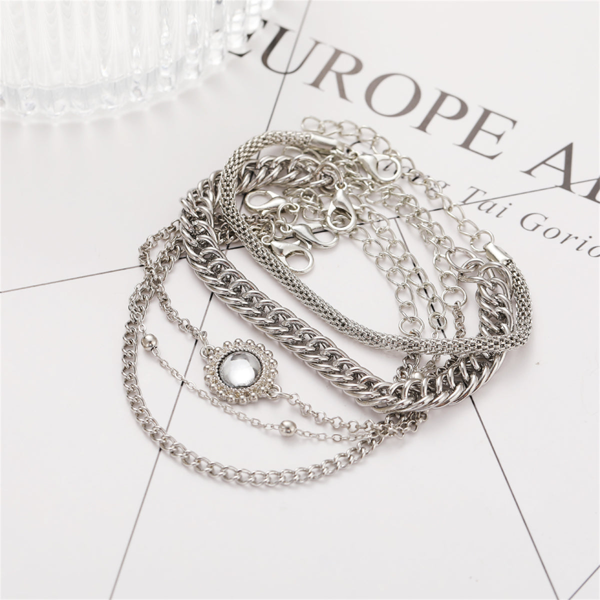 Crystal & Silver-Plated Flower Charm Bracelet Set