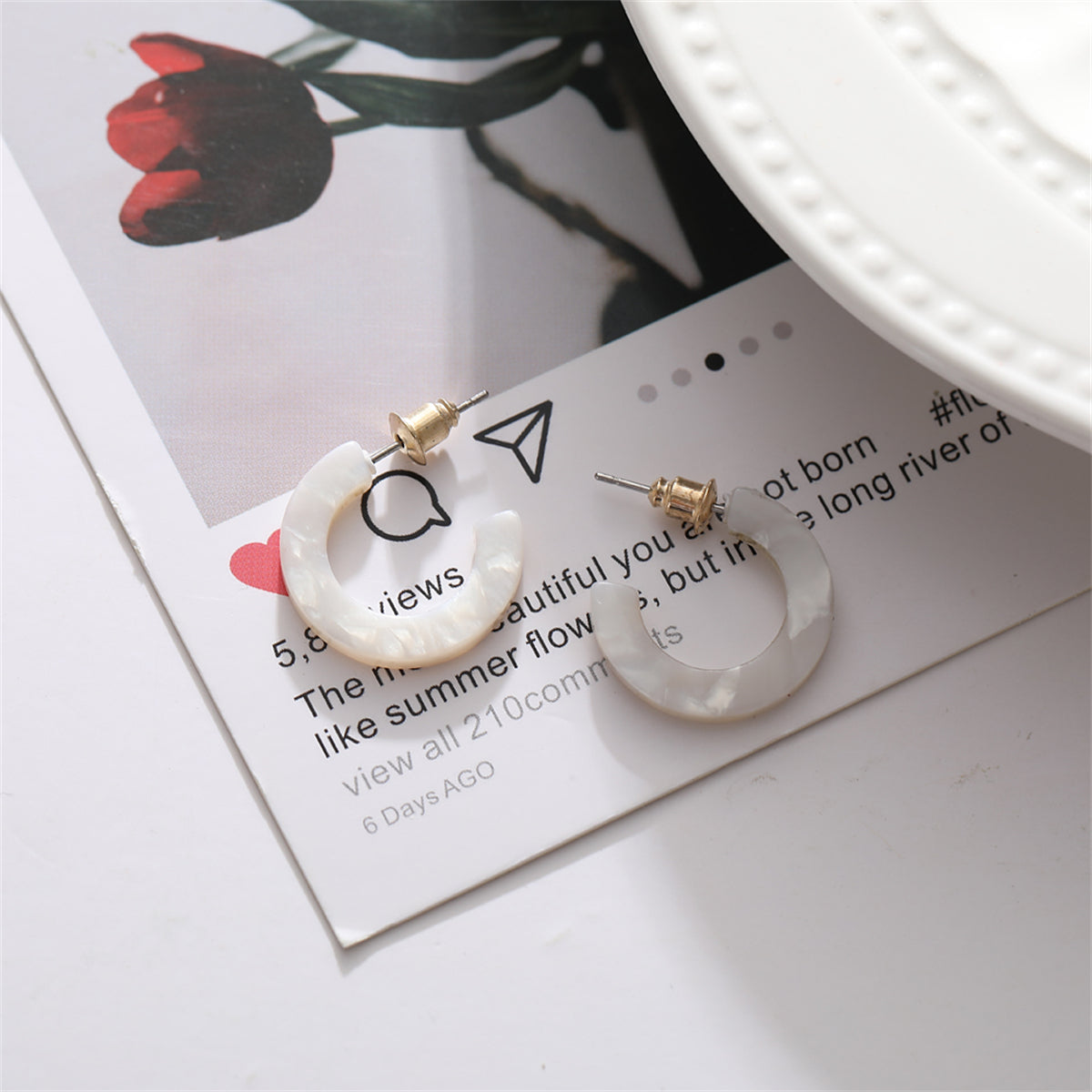 White Acrylic and 18K Gold-Plated Huggie Earrings, gold huggie earrings, dainty minimalist design, styled look