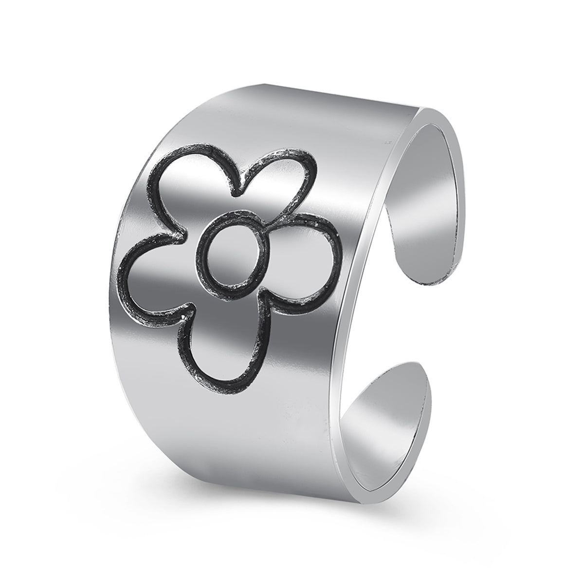 Silver-Plated Flower Open Band Ring, silver statement rings for women, dainty minimalist design, side view
