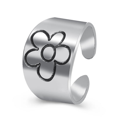 Silver-Plated Flower Open Band Ring, silver statement rings for women, dainty minimalist design, side view