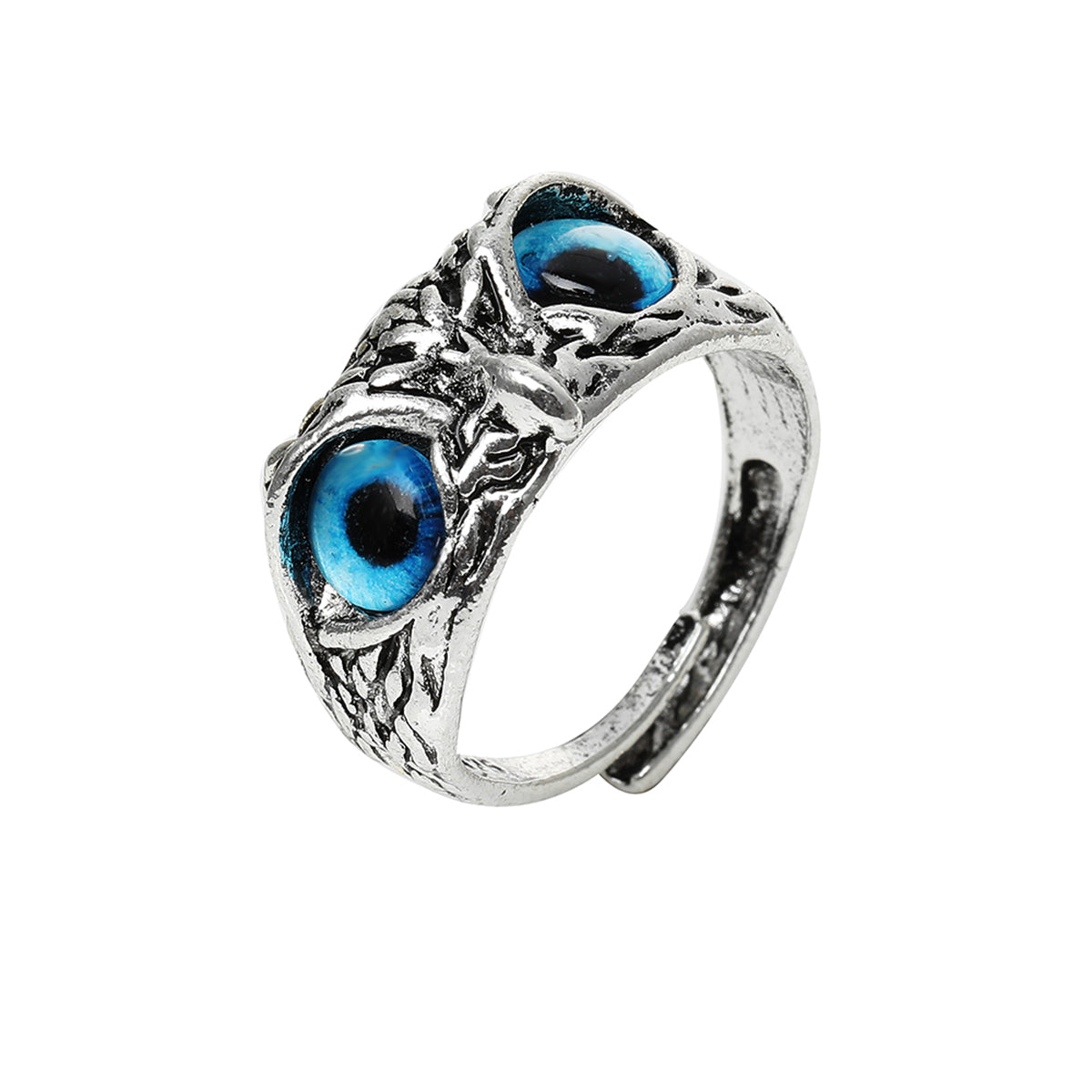 Blue Enamel and Silver-Plated Engraved Owl Adjustable Ring, silver statement rings for women, everyday style, side view