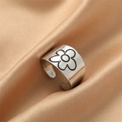 Silver-Plated Flower Open Band Ring, silver statement rings for women, dainty minimalist design, detail close-up