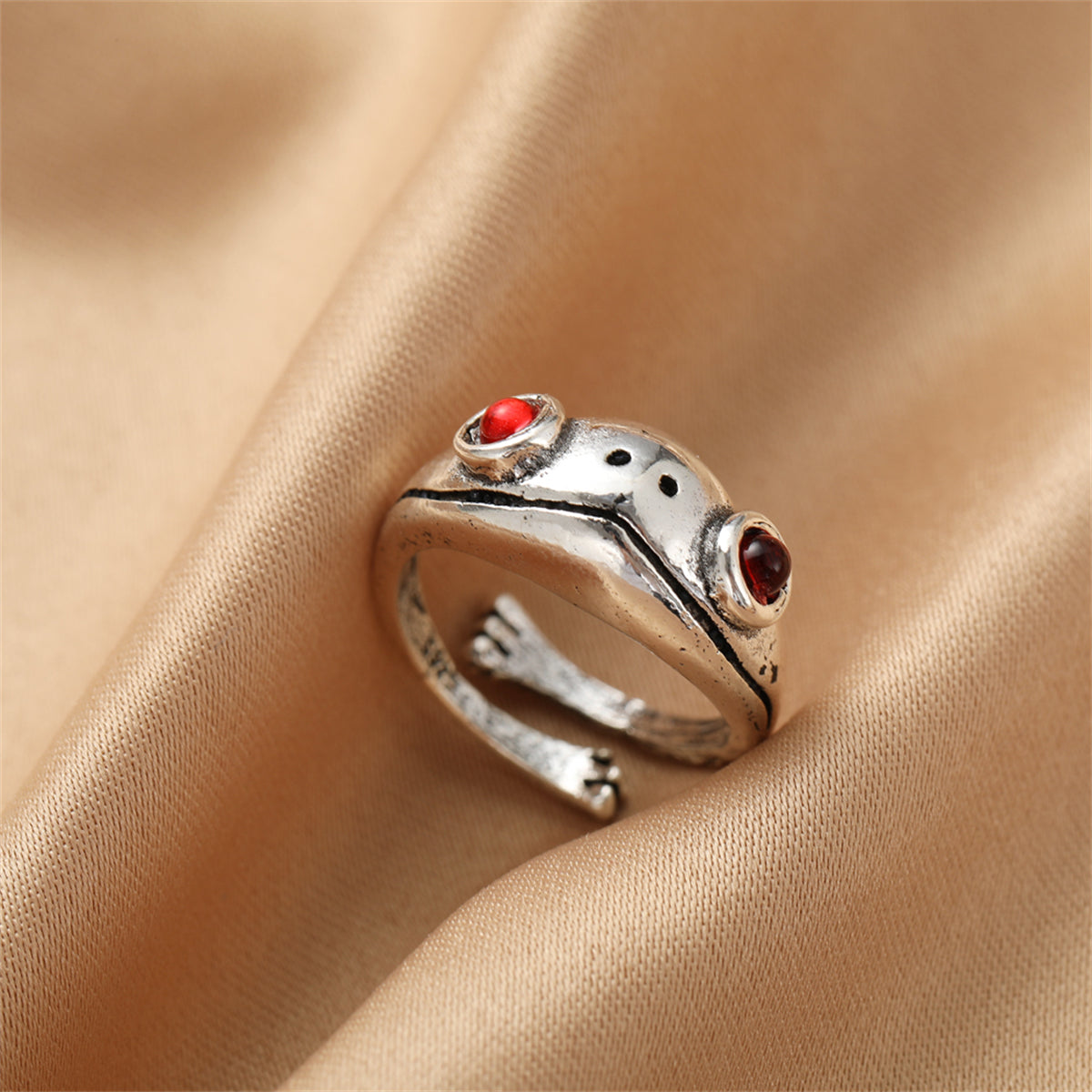 Red Cubic Zirconia and Silver-Plated Frog Adjustable Ring, silver statement rings for women, side view