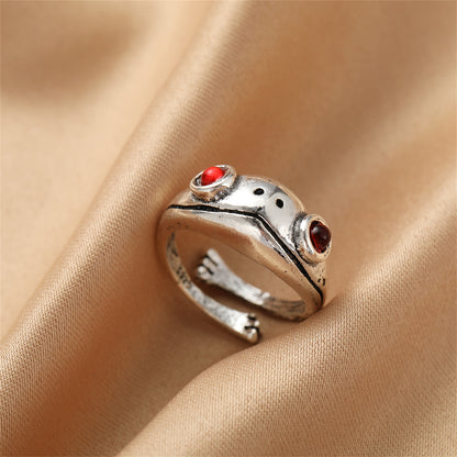 Red Cubic Zirconia and Silver-Plated Frog Adjustable Ring, silver statement rings for women, side view