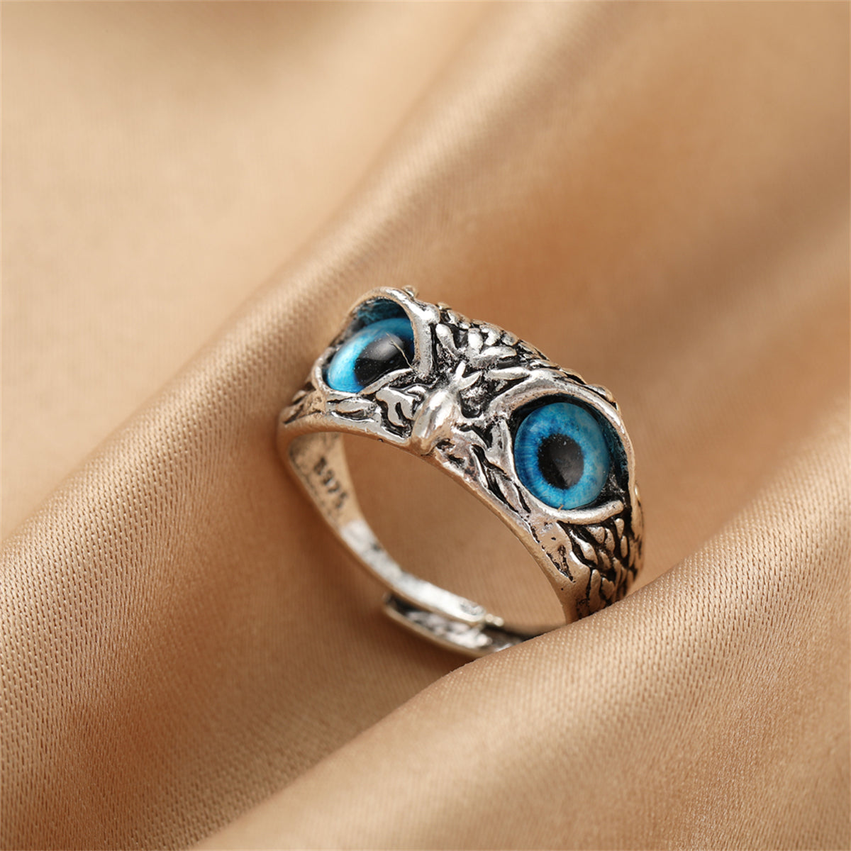 Blue Enamel and Silver-Plated Engraved Owl Adjustable Ring, silver statement rings for women, everyday style, detail close-up