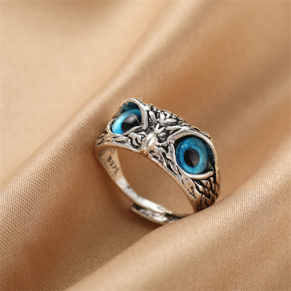 Blue Enamel and Silver-Plated Engraved Owl Adjustable Ring, silver statement rings for women, everyday style, detail close-up