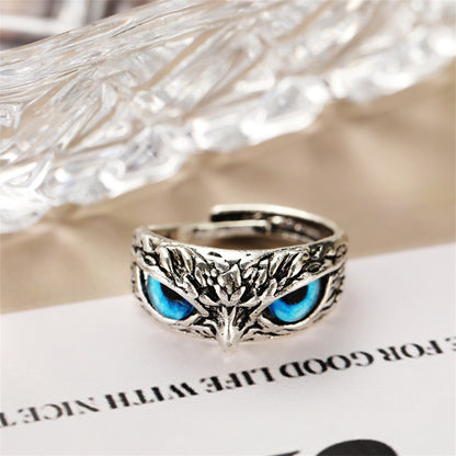 Blue Enamel and Silver-Plated Engraved Owl Adjustable Ring, silver statement rings for women, everyday style, lifestyle look