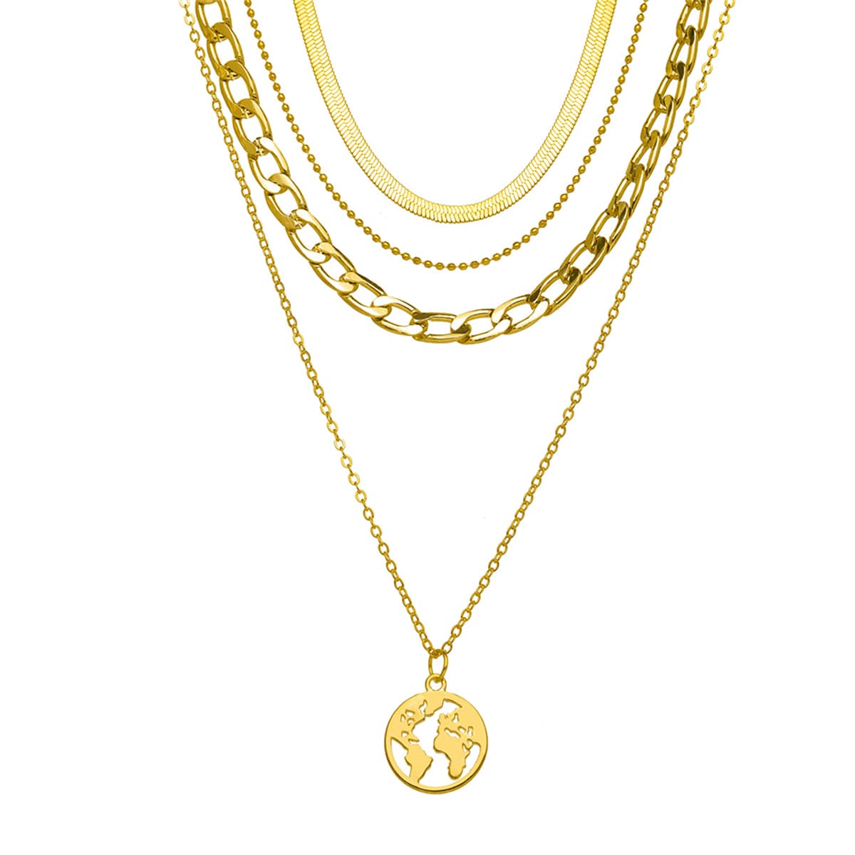 18K Gold-Plated Curb and Snake Chain Map Pendant Layered Necklace, gold pendant necklace for women, front view