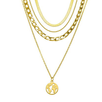 18K Gold-Plated Curb and Snake Chain Map Pendant Layered Necklace, gold pendant necklace for women, front view