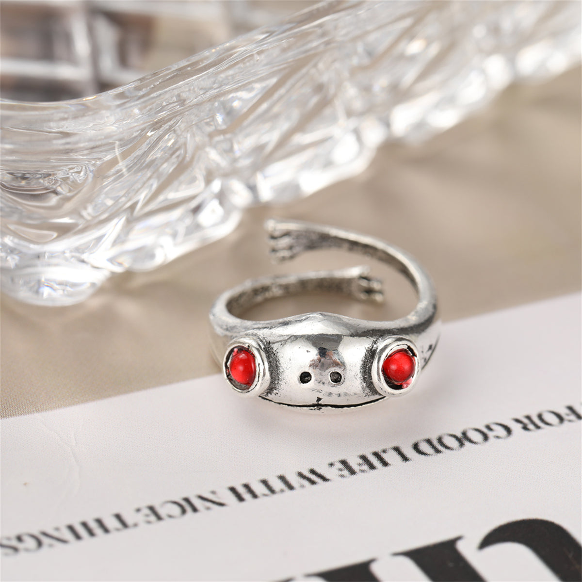Red Cubic Zirconia and Silver-Plated Frog Adjustable Ring, silver statement rings for women, detail close-up