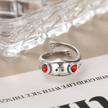 Red Cubic Zirconia and Silver-Plated Frog Adjustable Ring, silver statement rings for women, detail close-up